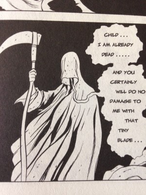 The Hooded One's dialogue balloons from Jeff Smith's Bone.