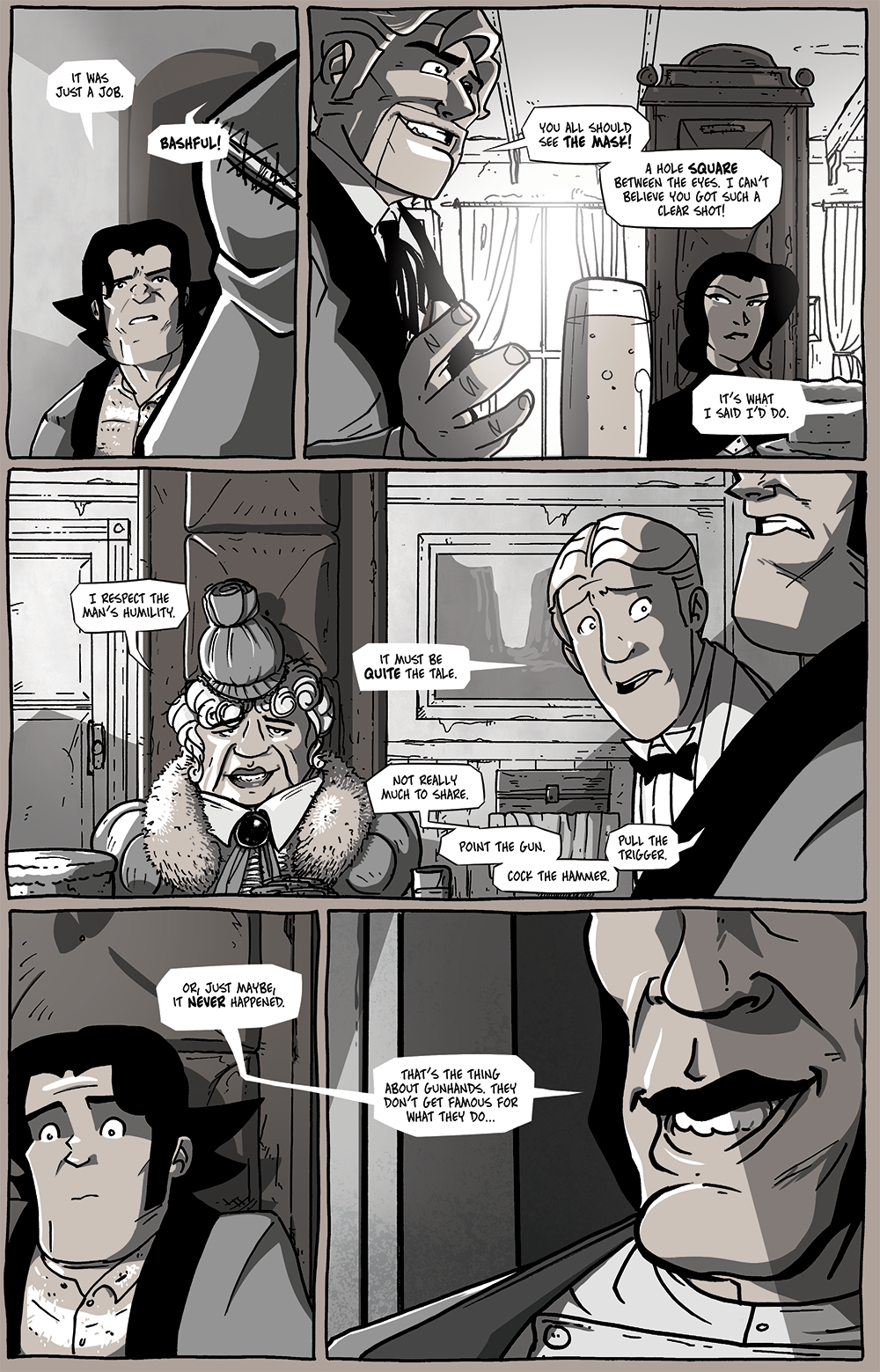 I probably should have made it clear that's a painting in the background of panel 2, not a window. There are no mountains like that in the Sierra Nevada. I probably should have made it clear that's a painting in the background of panel 2, not a window. There are no mountains like that in the Sierra Nevada.