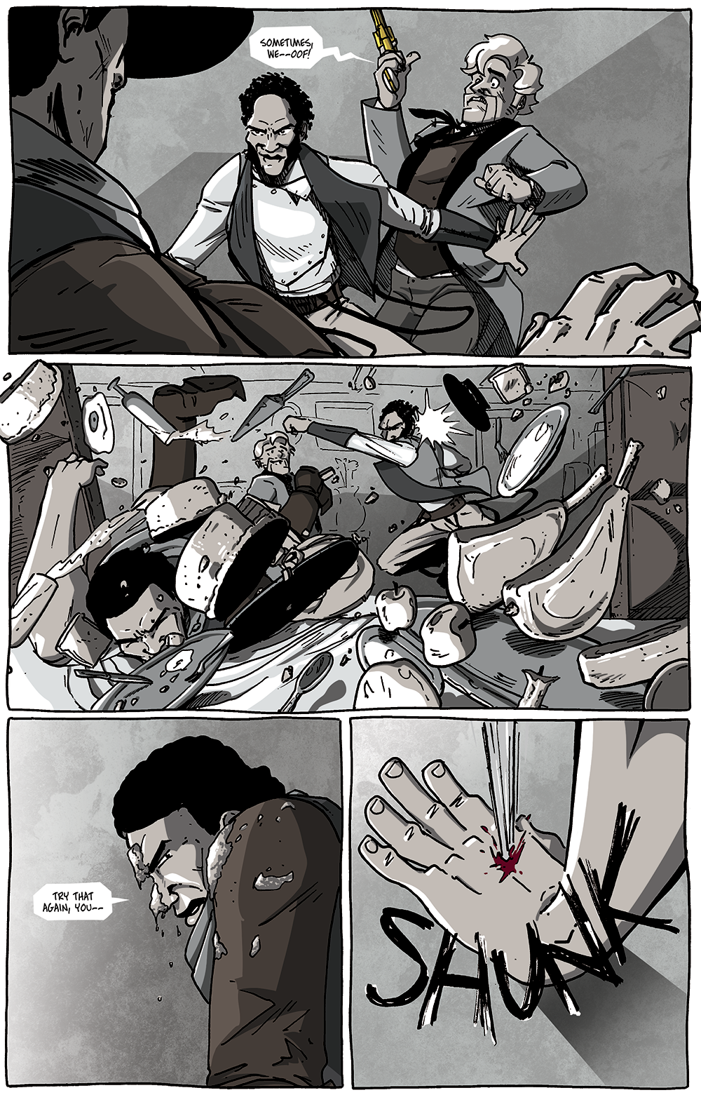 I'll admit I didn't do a lot of research to see what it sounds like when a knife is stabbed into a hand. "Shunk" felt right enough to me.